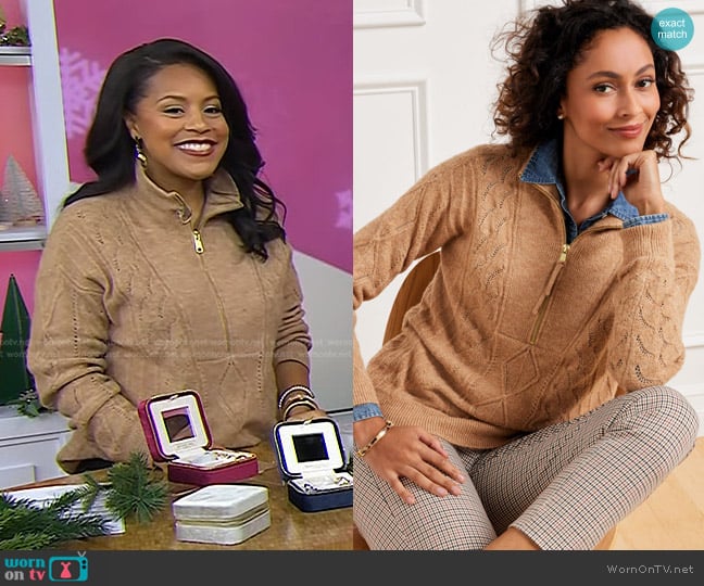 Talbtos Cable Knit Zip Collar Sweater in Camel Heather worn by Sheinelle Jones on Today