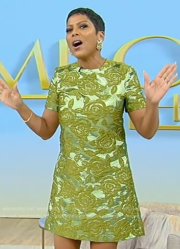 Tamron’s green floral jacquard mini dress on Tamron Hall Show