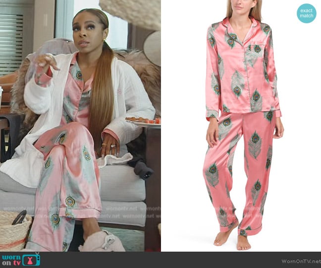 Their Nibs Satin Peacock Notch Long Sleeve Long Leg Pajama Set worn by Candiace Dillard Bassett on The Real Housewives of Potomac