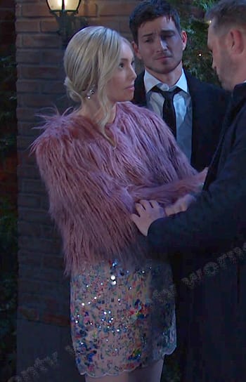 Theresa’s embellished mesh dress and pink fur coat on Days of our Lives