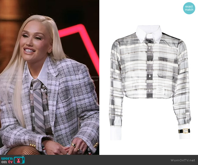Thom Browne 4-Bar Checked Lurex Cropped Shirt worn by Gwen Stefani on The Voice