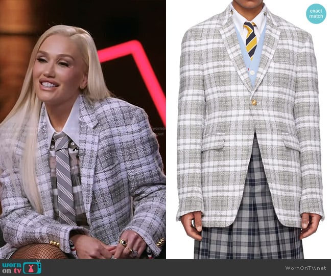 Thom Browne Check Blazer in Gray worn by Gwen Stefani on The Voice