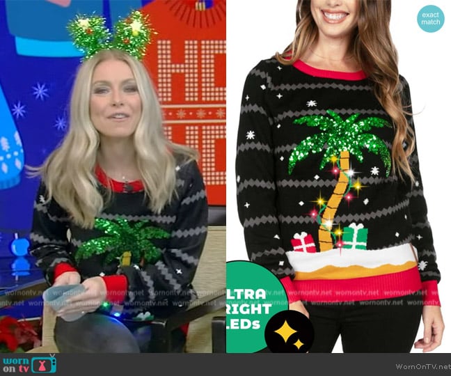 Tipsy Elves All is Palm All is Bright Light Up Ugly Christmas Sweater worn by Kelly Ripa on Live with Kelly and Mark