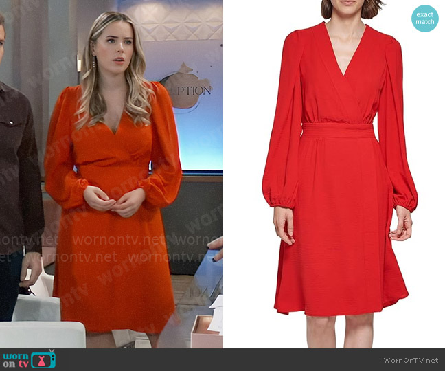 Tommy Hilfiger Faux-Wrap Blouson-Sleeve Midi Dress worn by Sasha Gilmore (Sofia Mattsson) on General Hospital