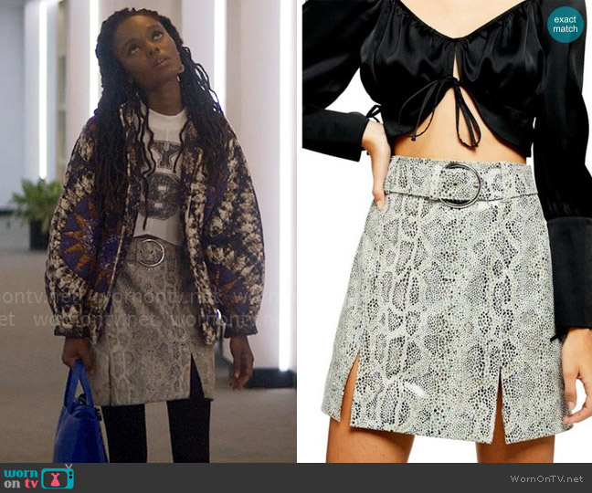 Topshop Snake Printed Belted Mini Skirt worn by Hazel-May McCall (Ashleigh Murray) on The Other Black Girl