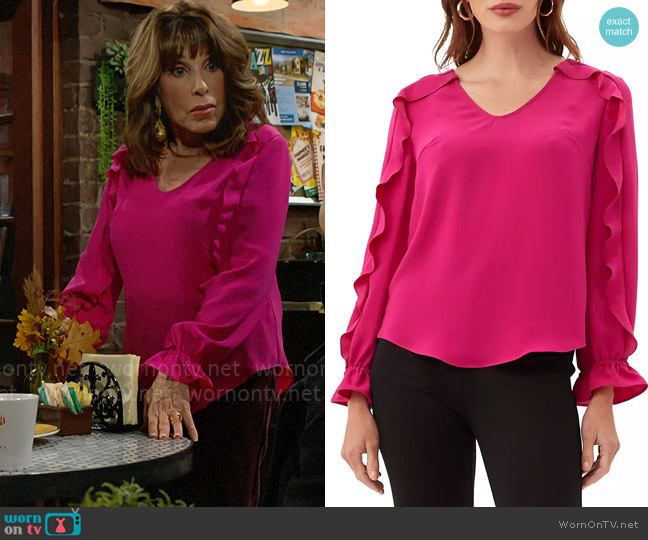 Trina Turk Owl Ruffled Long-Sleeve Blouse in Warm Magenta worn by Esther Valentine (Kate Linder) on The Young and the Restless