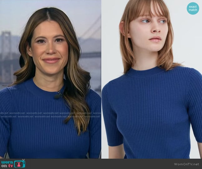 Uniqlo Extra Fine Merino Ribbed Mock Neck Sweater in Blue worn by Deirdre Bosa on NBC News Daily