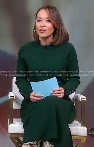 Eva’s green button sleeve sweater and skirt on Good Morning America