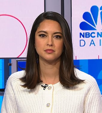 Valerie Castro’s white ribbed cardigan with pearl buttons on NBC News Daily