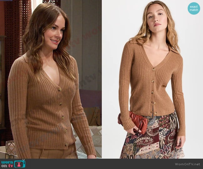 Veronica Beard Lazana Cashmere Cardigan in Camel worn by Stephanie Johnson (Abigail Klein) on Days of our Lives