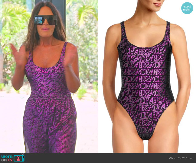 Versace Metallic Monogram One Piece Swimsuit worn by Lisa Barlow on The Real Housewives of Salt Lake City