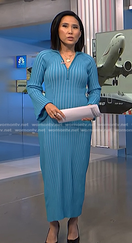 Vicky’s blue ribbed long dress on NBC News Daily