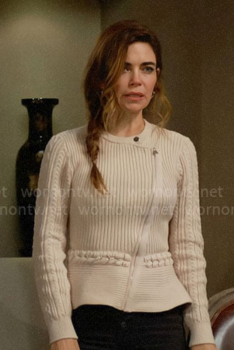 Victoria’s beige cable knit zip up cardigan on The Young and the Restless