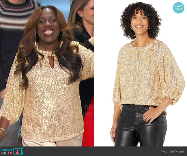Vince Camuto Raglan Sleeve Top with Keyhole in Gold worn by Sheryl Underwood on The Talk