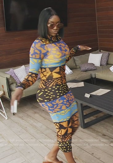 Wendy’s printed long sleeve mesh dress on The Real Housewives of Potomac