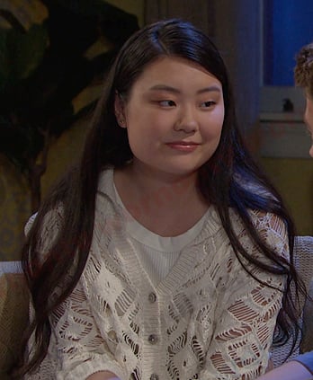 Wendy’s white open knit cropped cardigan on Days of our Lives