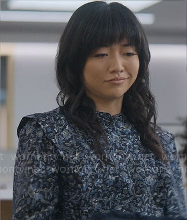 Yang’s blue floral top on The Other Black Girl