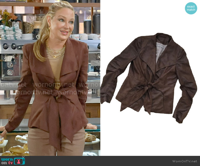 Zara Faux Leather Draped Open Front Tie Waist Jacket worn by Sharon Newman (Sharon Case) on The Young and the Restless