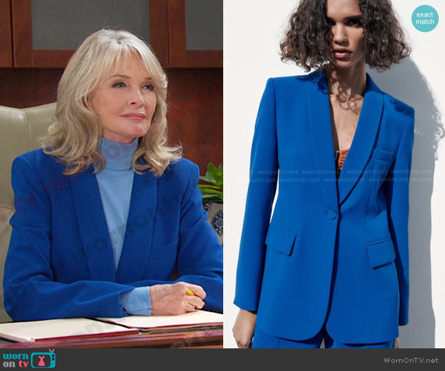 Zara Blazer with Tuxedo Collar in Ink Blue worn by Marlena Evans (Deidre Hall) on Days of our Lives