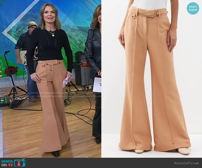 Zimmermann Luminosity Belted Wool-Blend Flare Trousers in Biscuit worn by Savannah Guthrie on Today