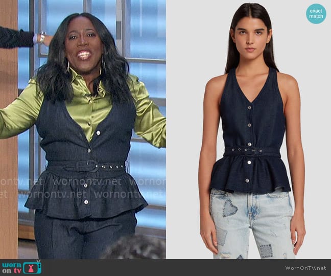 7 For All Mankind Denim Lustre Tailored Vest in Dark Rinse worn by Sheryl Underwood on The Talk