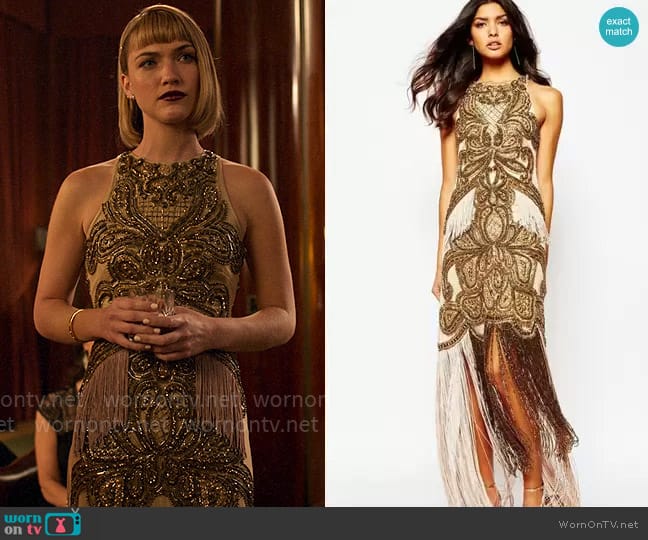 A Star Is Born Luxe Allover Jewel Embellished Maxi Dress With Beaded Tassel Hem worn by Imogene (Violett Beane) on Death and Other Details