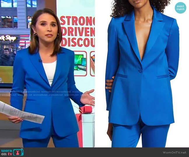 Alice + Olivia Breann Satin Fitted Blazer in Sapphire worn by Elizabeth Schulze on Good Morning America
