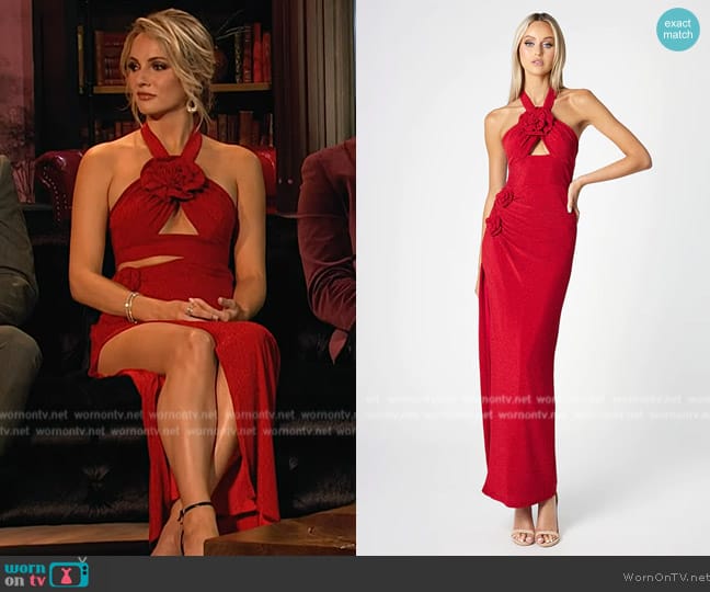 Bariano Citra Halter Rosette Maxi Dress worn by Taylor Ann Green on Southern Charm