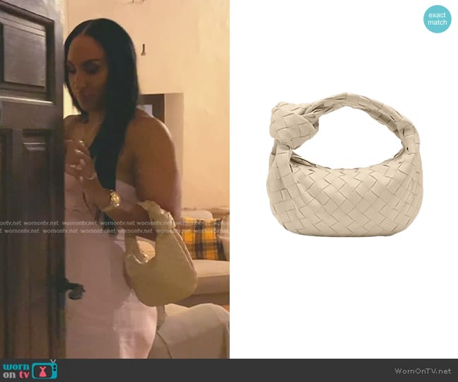 Bottega Veneta Jodie Mini Intrecciato Knot Hobo Bag in Macaroon worn by Annemarie Wiley on The Real Housewives of Beverly Hills