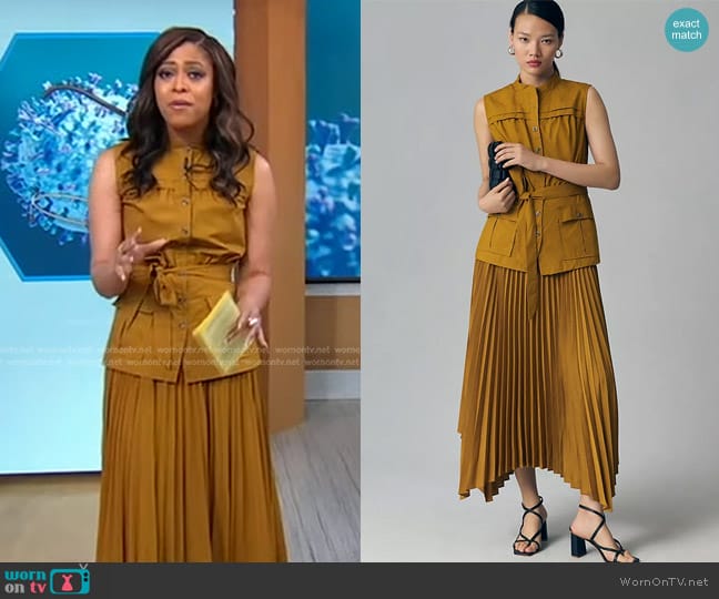 Anthropologie Sleeveless Vested Pleated Midi Dress in Bamboo worn by Morgan Norwood on Good Morning America
