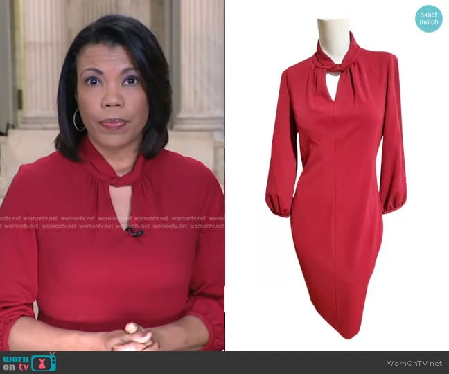 Calvin Klein Twist Crew Neck Sheath Dress in Cranberry worn by Nikole Killion on CBS Evening News