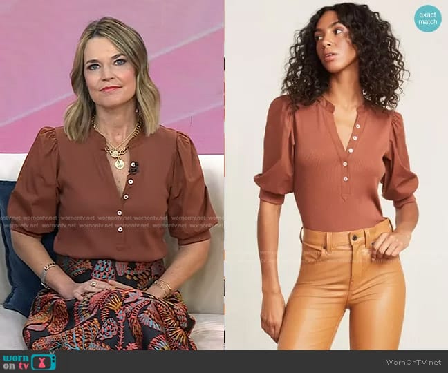Veronica Beard Coralee Puff-Sleeve Top in Nutmeg worn by Savannah Guthrie on Today