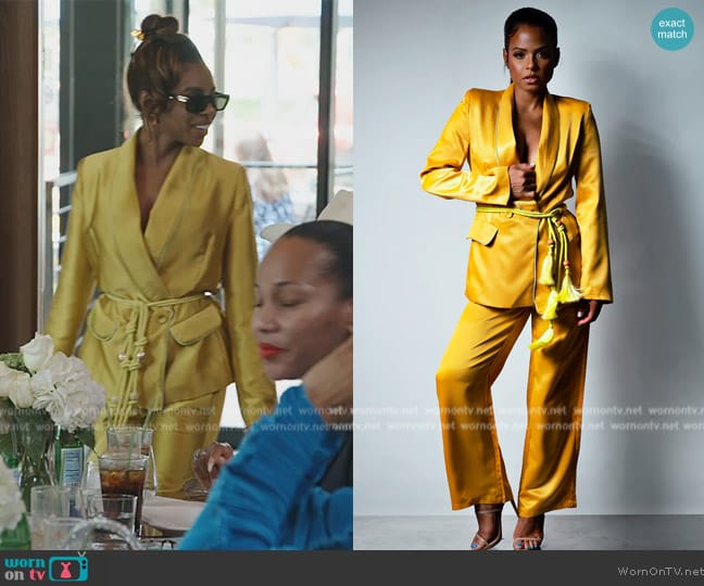 ZCrave Dalida Double BReasted Satin Blazer and Pant Set worn by Candiace Dillard Bassett on The Real Housewives of Potomac