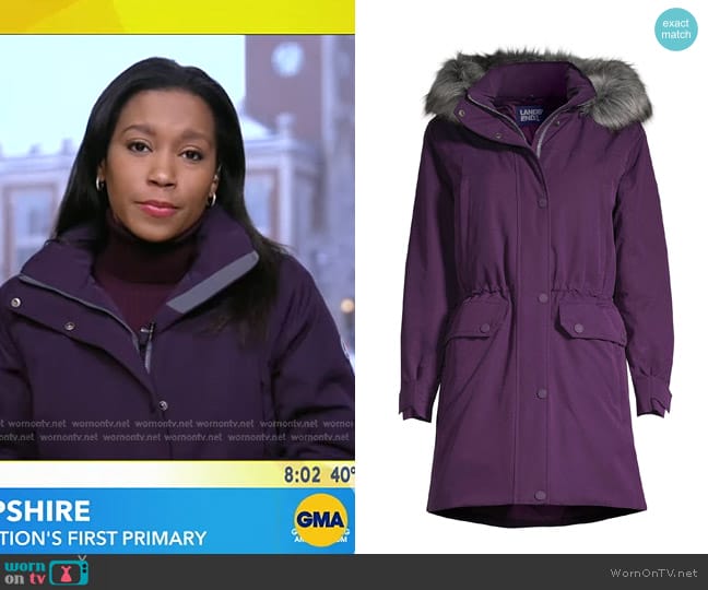 Land's End Expedition Down Waterproof Winter Parka with Removable Hood in Blackberry worn by Rachel Scott on Good Morning America