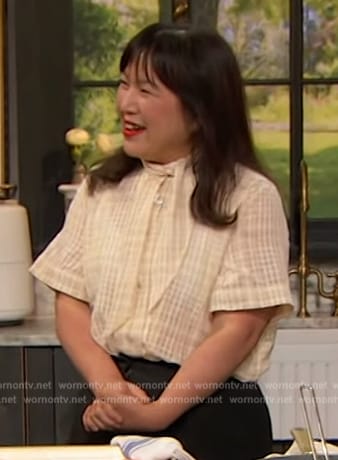 Hetty Lui’s white tie neck top on Drew Barrymore Show