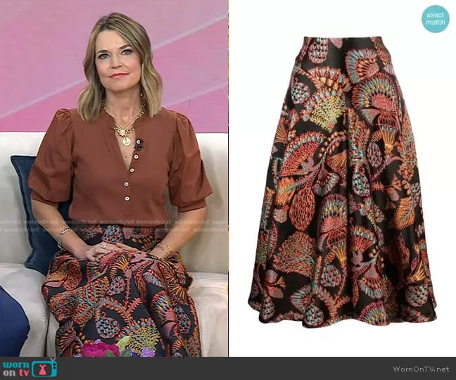 La DoubleJ Edition 34 Milano Jacquard Midi-Skirt in Jacquard Sicomore worn by Savannah Guthrie on Today