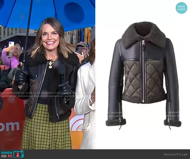 Mackage Tulip Quilted Sheepskin Jacket with shearling trim in Dark Olive worn by Savannah Guthrie on Today
