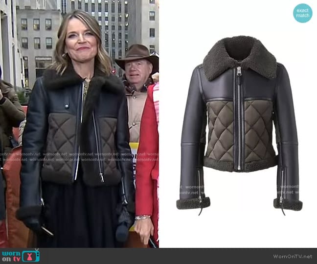 Mackage Tulip Quilted Sheepskin Jacket with shearling trim in Dark Olive worn by Savannah Guthrie on Today