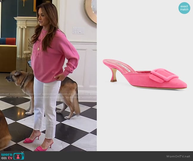Manolo Blahnik Maysale Suede Buckle Mules worn by Kyle Richards on The Real Housewives of Beverly Hills