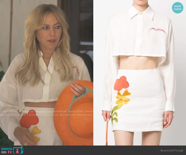 Marni Slogan-Embroidered Long-Sleeve Cropped Shirt worn by Sutton Stracke on The Real Housewives of Beverly Hills