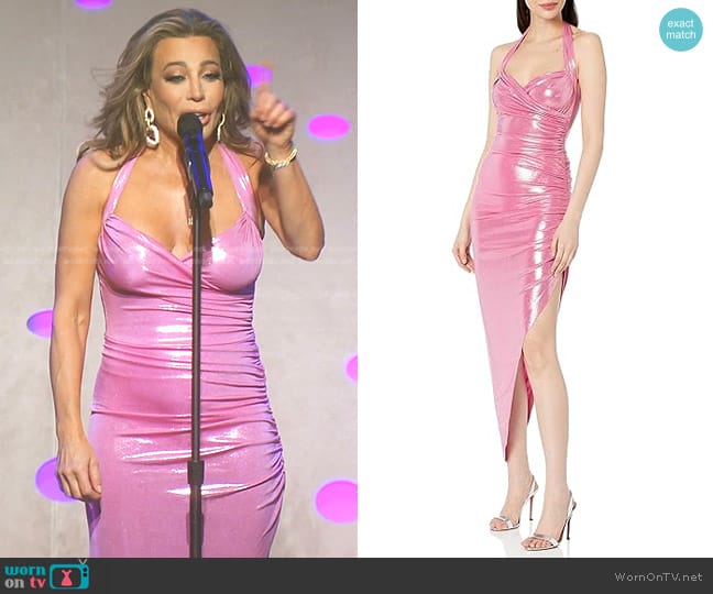 Norma Kamali Cayla Side Drape Gown in Candy Pink Lame worn by Taylor Dayne on The Real Housewives of Beverly Hills