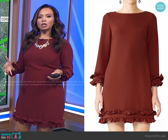 Sail to Sable Ruffle Shift Dress in Burgundy worn by Adelle Caballero on Today