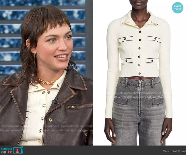 Sandro Marcia Ribbed Cardigan worn by Violett Beane on Access Hollywood
