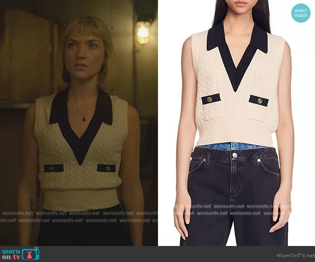 Sandro Suzy Sleeveless Cable Knit Sweater worn by Imogene (Violett Beane) on Death and Other Details
