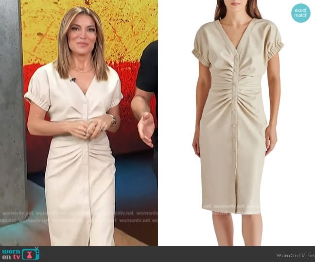 Steve Madden Arin Ruched Faux Leather Snap Front Dress worn by Kit Hoover on Access Hollywood
