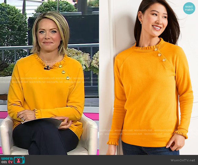 Talbots Ruffle Trim Raglan Sweatshirt in Golden Maize worn by Dylan Dreyer on Today