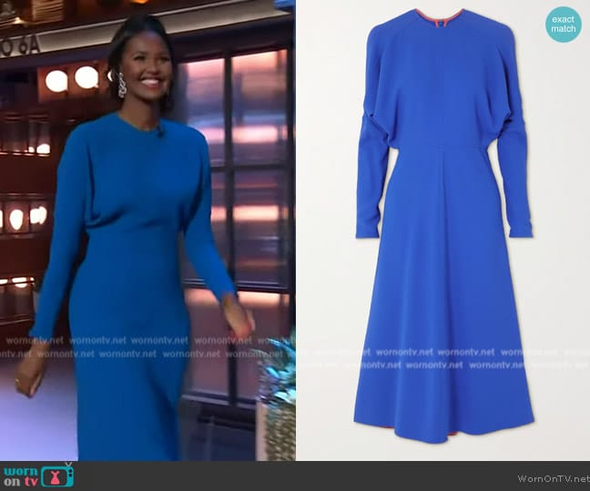Victoria Beckham Dolman round-neck midi dress worn by Ubah Hassan on The Kelly Clarkson Show