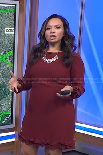 Adelle’s burgundy ruffle trim dress on Today