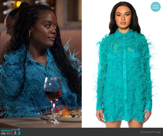 Akira The Moment Feather Detail Shirt Dress worn by Sabrina Hollins (Novi Brown) on Tyler Perrys Sistas