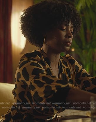 Alexandra’s beige giraffe print dress on Death and Other Details